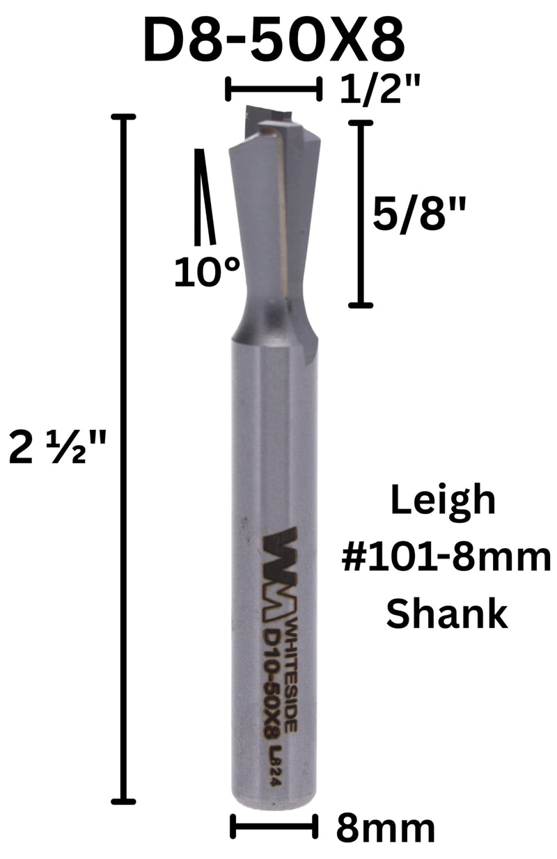 Whiteside Router Bits D10-50x8 Dovetail Bit with 1/2-Inch Large Diameter and 5/8-Inch Cutting Length