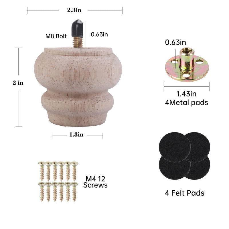 2 Inch Wooden Unfinished Bun Feet for Dresser Legs Couch Sofa Cabinet Ottoman DIY Replacement Wood Furniture Legs Set of 4 M8 Bolt Screw in (2”) 2”