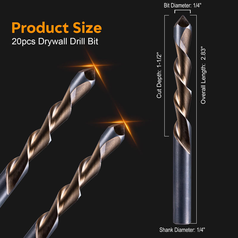 20Pcs Drywall Cutting Tools 1/4" Guide Point Cutting Bits,Drywall Bit Drywall Guide Point Cutting Bits,Used for with Spiral Saw and Power Tools 1/4 in