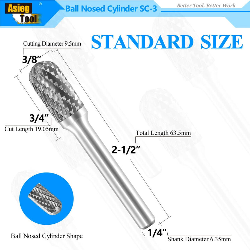 SC-3 Tungsten Carbide Burr Rotary File Cylindrical Ball Nose End Shape Double Cut for Die Grinder Drill Bits 1/4'' Inch Diameter of Shank and 3/8'' Inch Diameter of Cutter 3/4'' Inch Cutter Length SC-3