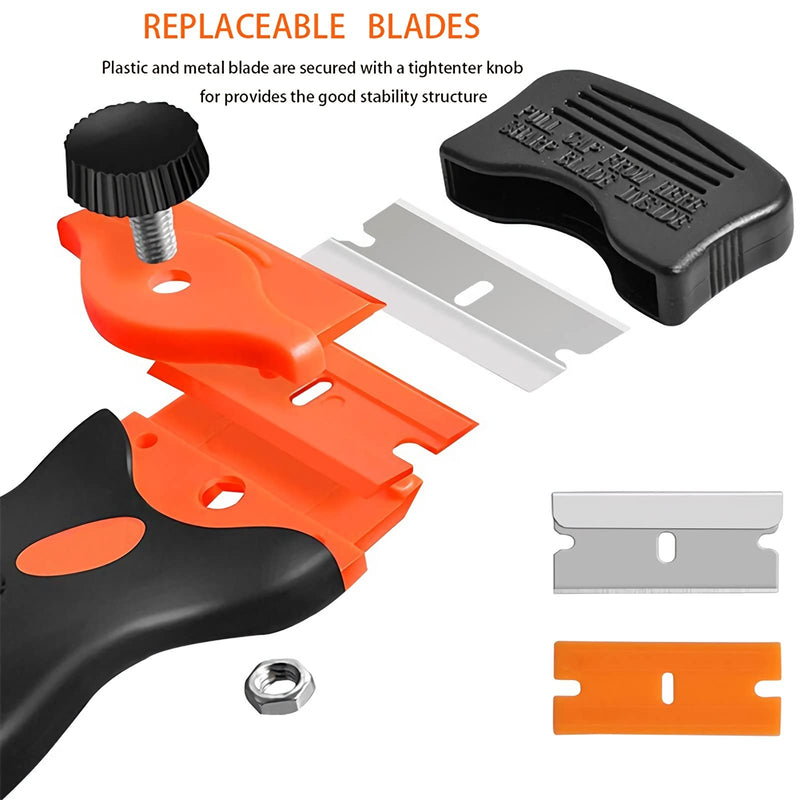 Razor Blade Scraper, 2-in-1 Plastic Scraper Tool with 20 Razor Blades, Multi-funtional Cleaning Razor Scraper for Paint, Label, Decal, Sticker Remover, Gum, Caulk, Adhesive Removal, Cooktop, Wallpaper Orange