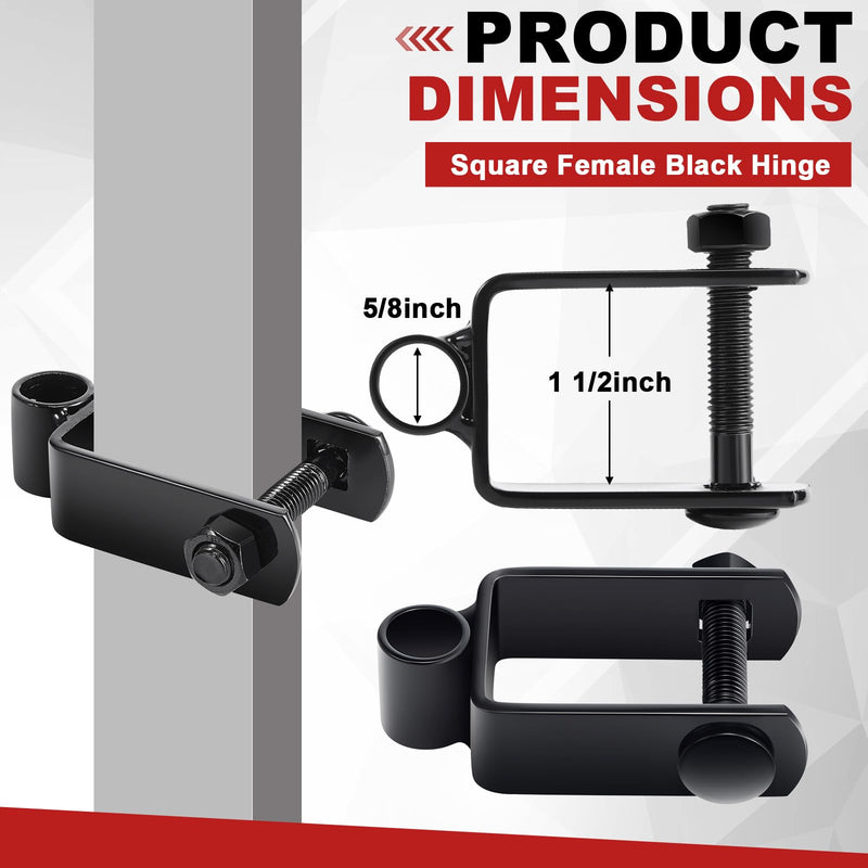 Hicarer 4 Pcs 1-1/2" x 1-1/2" x 5/8" Square Post Female Gate Hinge with Nut and Bolt, Chain Link Fence Frame Post Female Black Galvanized Steel Hinge for Repairing and Replacing Fence Gate