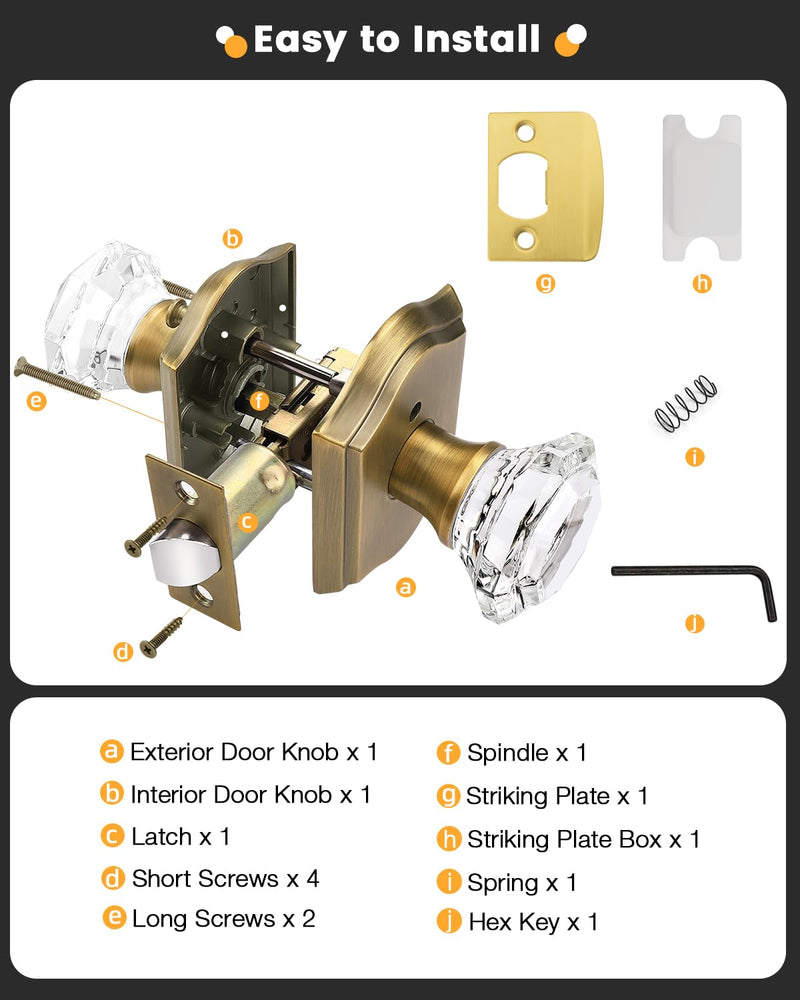 Gobrico Transparent Glass Door Knobset Interior,Privacy Diamond Crystal Door Lockset in Antique Brass,Keyless for Interior Bath/Bed,Push Pin Button Inside Lock?1 Pack 1