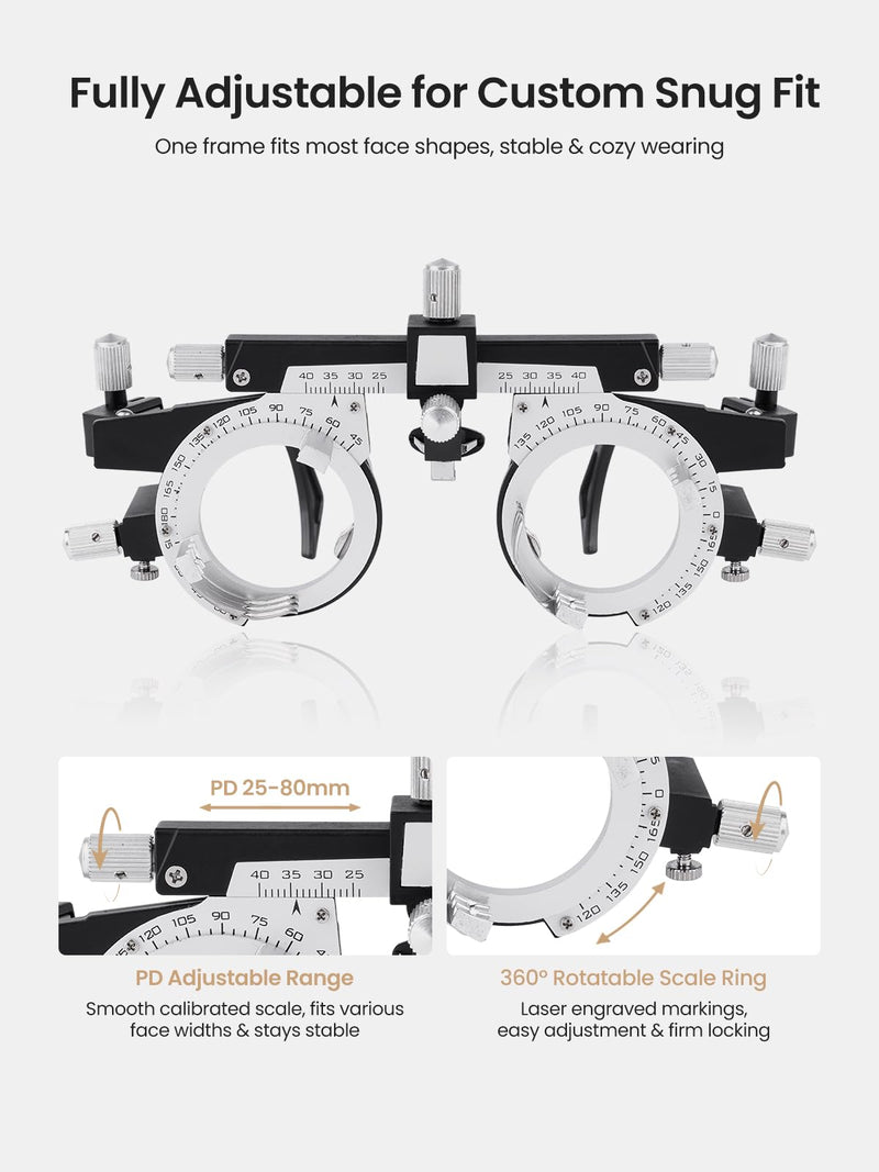 Trial Lens Frame Classic Black & Silver 73g Fully Adjustable Optical Trial Frame for Vision Testing with 48-80mm PD & 360° Lens Rotation