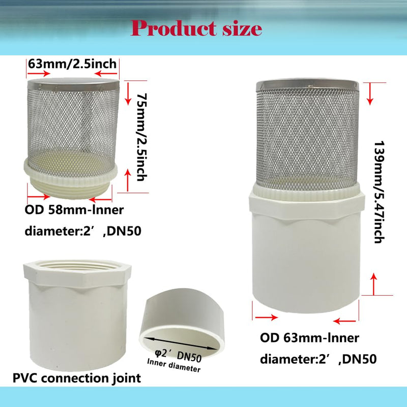 2 inch Suction Strainers Stainless Steel Filter Cover Connected to 2 inch/DN50 PVC Water Pipe Used to Remove Debris and Reduce Solid Entry