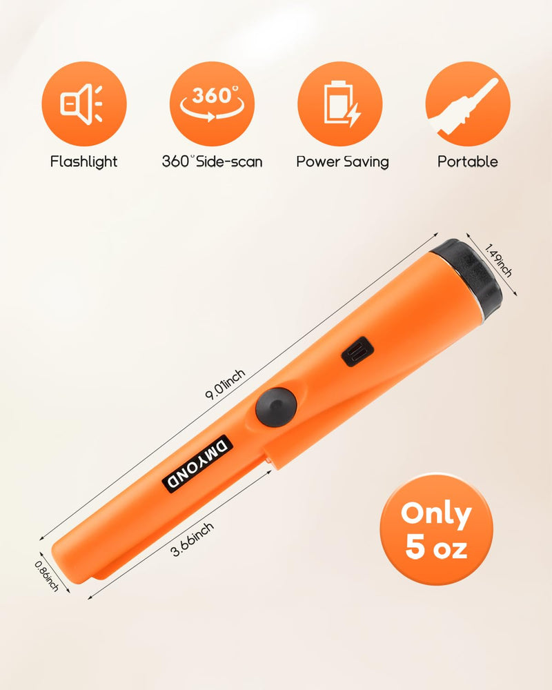 Dmyond Metal Detector Pinpointer - Professional Waterproof Handheld Pin Pointer Wand - High Sensitivity 360° Detection - Search Treasure Pinpointing Finder Probe for Adults, Kids - Orange