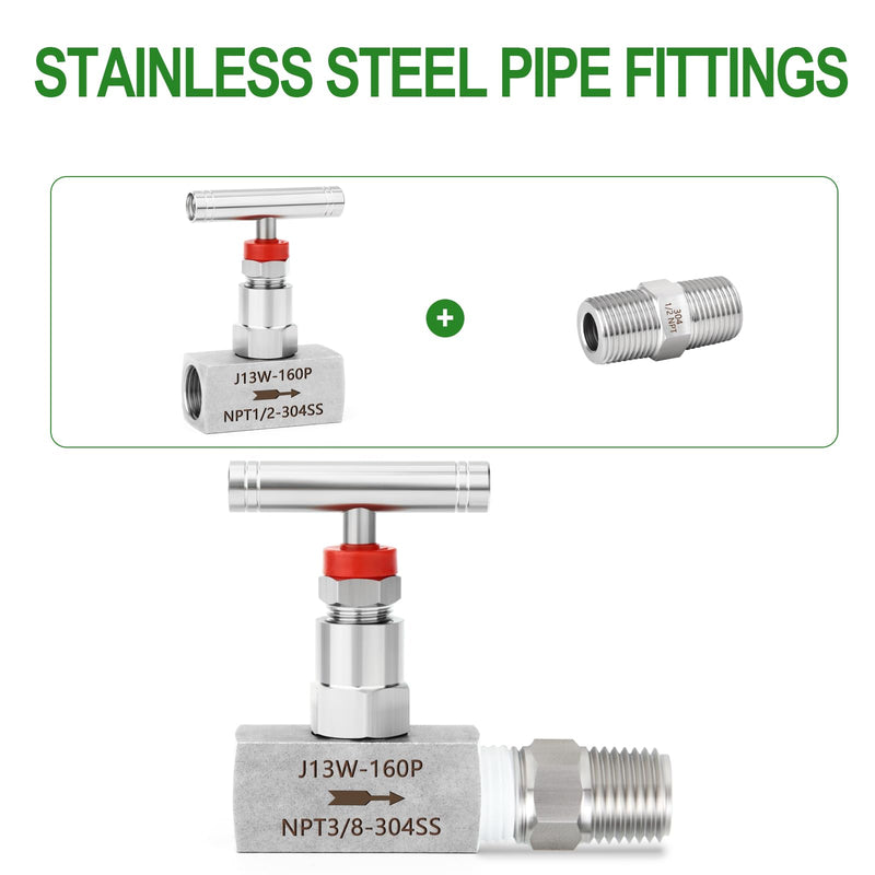 TAISHER 1PCS 304 Stainless Steel High Pressure Straight Needle Valve 1/2" Female NPT For Flow Control Water Gas Oil With Nipple 1/2" NPT