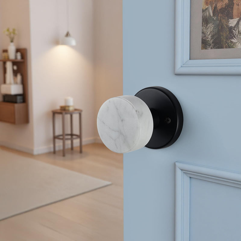 Modern White Marble Door Knob with Matte Black Rosette, Passage Interior Door Handle for Hallway and Closet, Non-Locking Design White-Black