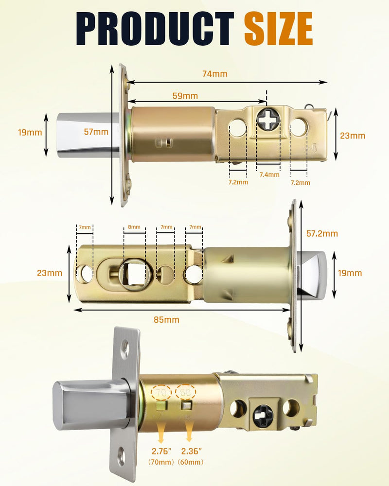 Adjustable Deadbolt Lock Latch 2-3/8" & Adjustable Door Knob Latch 1-3/8", for Lever Door Handles Inner Door Handles, Square Interface, Universal Door Lock Replacement Parts