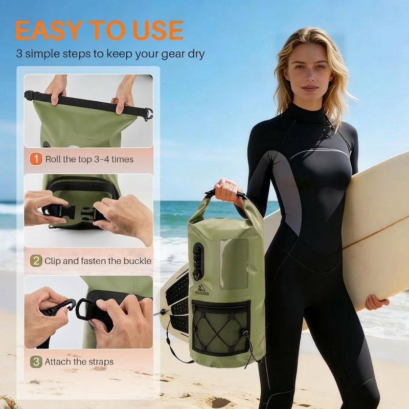 Waterproof Dry Bag 500D PVC Roll Top Dry Sack with 3 Carrying Ways, Lightweight Waterproof Bag for Kayaking, Swimming, Boating, Paddle Boarding, Hiking, Beach (Army Green, 25L) Army Green