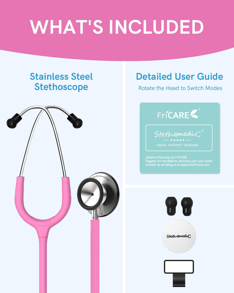 FriCARE Dual Head Stethoscope - Stethoscopes for Nurses, Medical Nursing Students, Paramedics/EMT/LVN/VNA Backup Estetoscopio, Smooth Hot Pink Tube, Stainless Steel Chestpiece