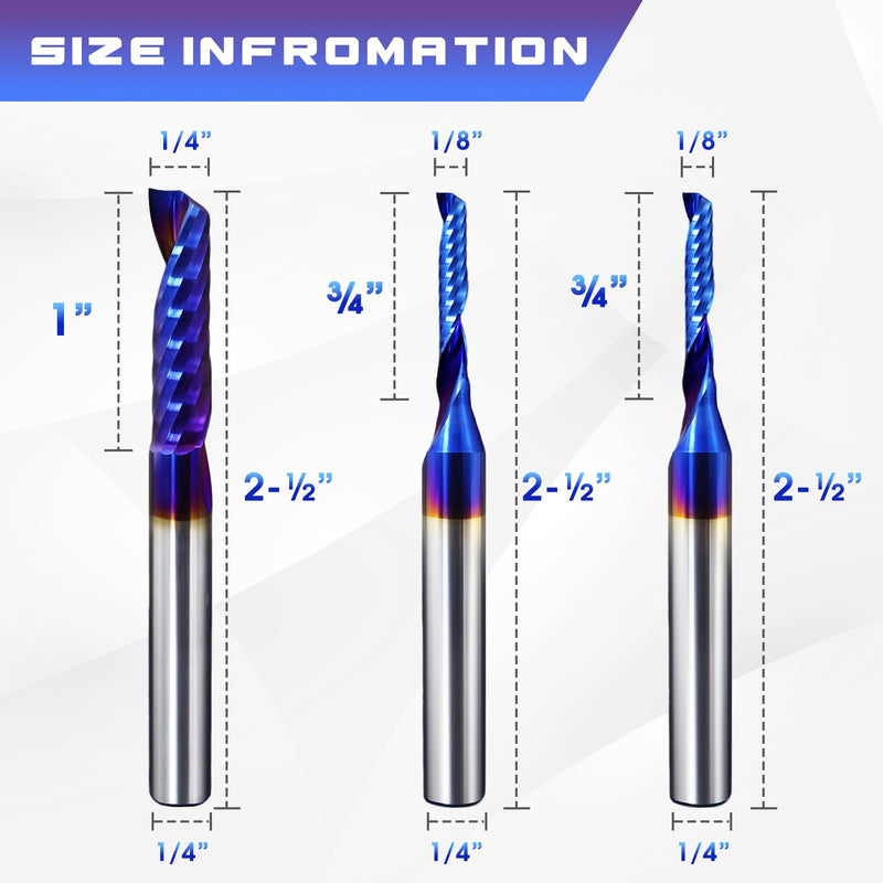 O-Flute Spiral Router Bit Set, 1/4 Inch Shank, Nano-Coated Solid Carbide CNC Router Bits for Aluminum, Plastic, Acrylic, Metal, Wood, MDF (2pcs 1/8"+1pcs 1/4") 2pcs 1/8"+1pcs 1/4"