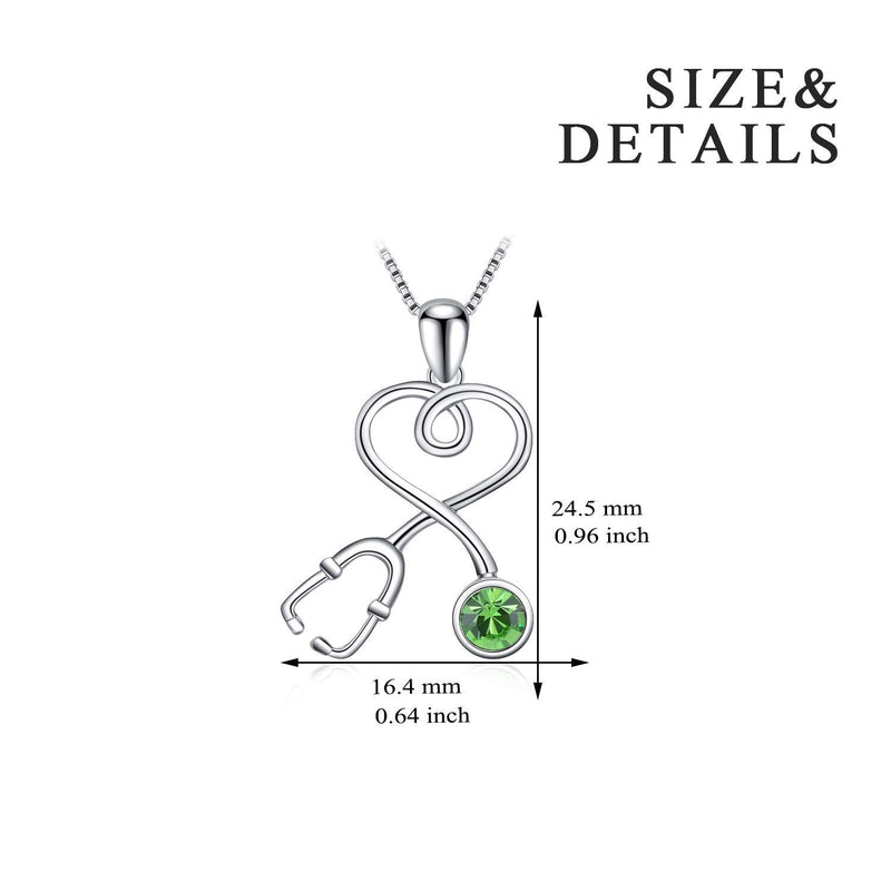 AOBOCO Stethoscope Necklace 925 Sterling Silver Embellished with 12 Months Birthstone Crystals from Austria, Graduation Gifts Medical Jewelry for Doctor Nurse Medical Student RN 925 Silver - Peridot Green
