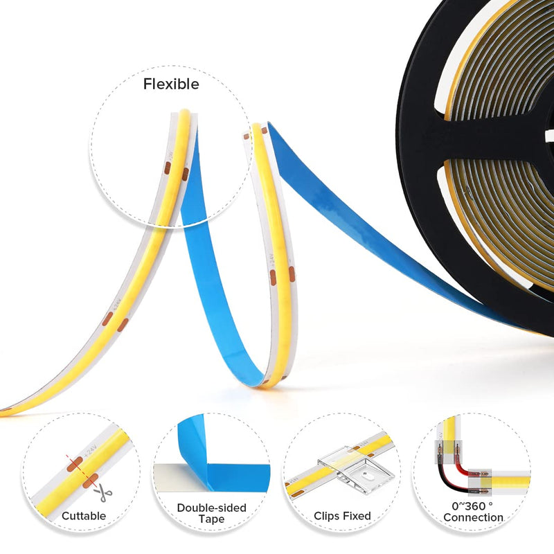 BTF-LIGHTING FCOB COB LED Strip 528LED/m Flexible High Density Uniform Light 14W/m 16.4FT DC24V Warm White 3000K CRI 90+ 10mm Width for Home Indoor Decoration(No Adapter or Controller) Warm White 3000K IP30 16.4FT DC24V 528LED/m