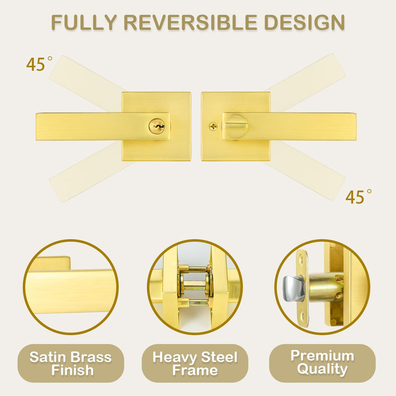Gold Door Handles Door Knobs with Lock,Satin Brass Door Lever Keyed Front Entry Door Handle Interior/Exterior (1 Pack) Entry - 1 Pack - Not Keyed Alike Satin Brass