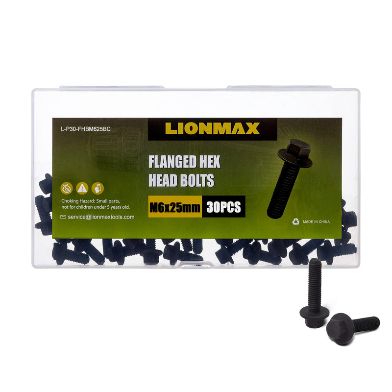 LIONMAX M6 Hex Head Flange Bolts, Flanged Hexagon Screws M6 x 25mm Full Threads, Black Oxide Finish, Rust-Resistance, Quantity 30 M6 x 25mm (30 PCS)