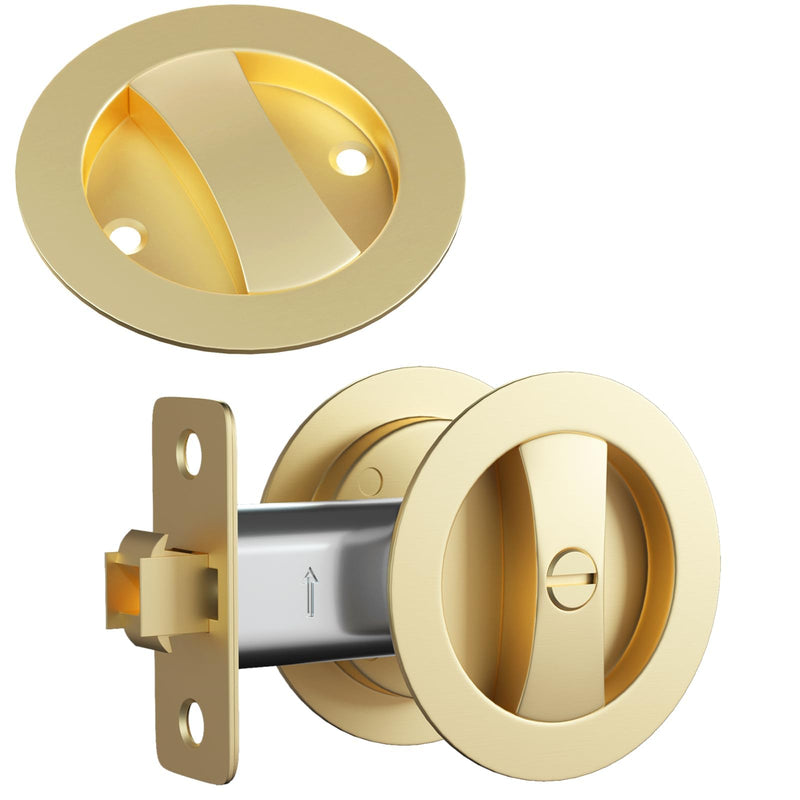 goldenwarm Brushed Gold Pocket Door Lock, Zinc Alloy Gold Pocket Door Hardware(2-3/8" Backset), Pocket Door Handles Round Pocket Door Locks for Bathroom for Closet Door Lock - 1 Pack