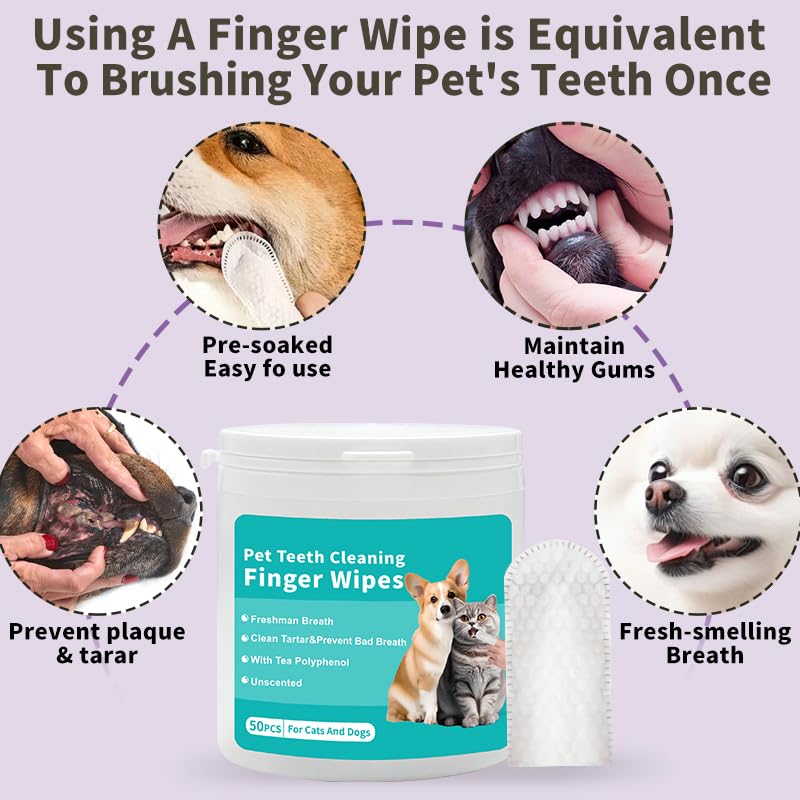 Pet Teeth Cleaning Finger Wipes, Dog Cat Dental Wipes, Unscented, with Tea Polyphenol,No-Rinse Dog Finger Toothbrush, Clean Tartar & Prevent Bad Breath, 50pcs