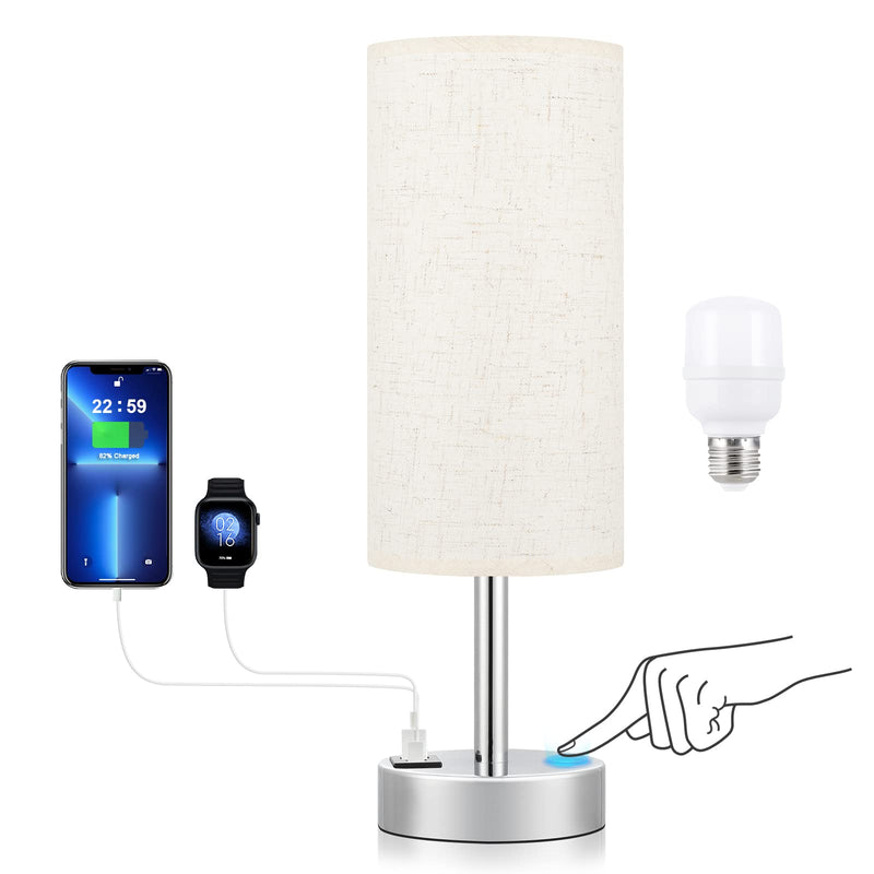 Touch Table Lamp for Bedroom Nightstand - Bedside Lamp with USB-C USB-A Charging Ports White, 3 Way Dimmable Small Lamp Fabric Shade Silver Base for Bedroom, Dorm Room, Office, Living Room, Reading 14in Cream