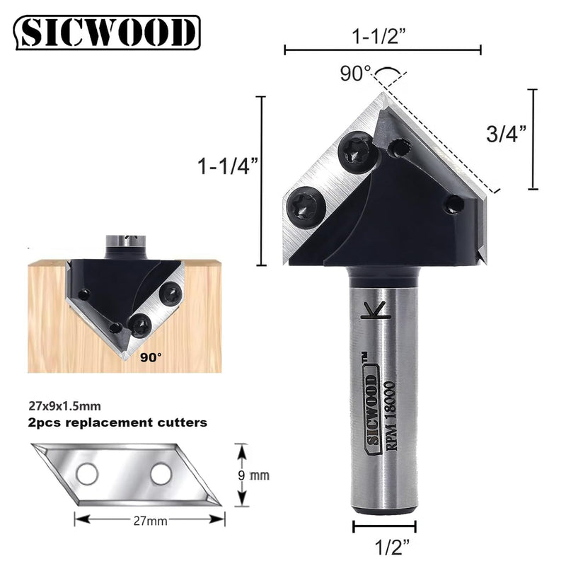 Insert Carbide V-Groove 90-Degree Router Bit 1/2 Inch Shank, Replacement Blade V Grooving CNC Router Bits, for Wood 2D/3D Signmaking, Lettering & Engraving, by SICWOOD 90° 1/2shank