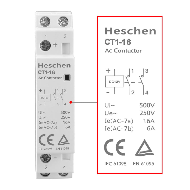 Heschen Household AC Contactor, CT1-16, Ie 16A, 2 Pole, 2 NO, Two Normally Open, 35mm DIN Rail Mount (DC12V Coil Voltage) DC12V Coil Voltage