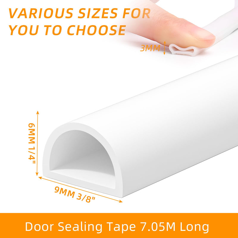 23FT Weather Stripping Door Seal, Self Adhesive Door Weather Stripping, Silicone Door Seal Strip for Door Frame, D-Shaped Door Insulation Strip, for Door & Window (White, 3/8"(W)×1/4"（T) ×23ft(L) White 3/8"(W)×1/4"（T) ×23ft(L)