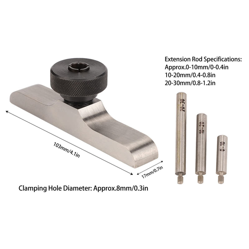 Depth Dial Indicator Base , Stainless Steel Depth Gauge Holder Stable Clamping Proof Hardened with 3 Extension Rods for Measurement(103x17mm/4 . 1x0 . 7in)