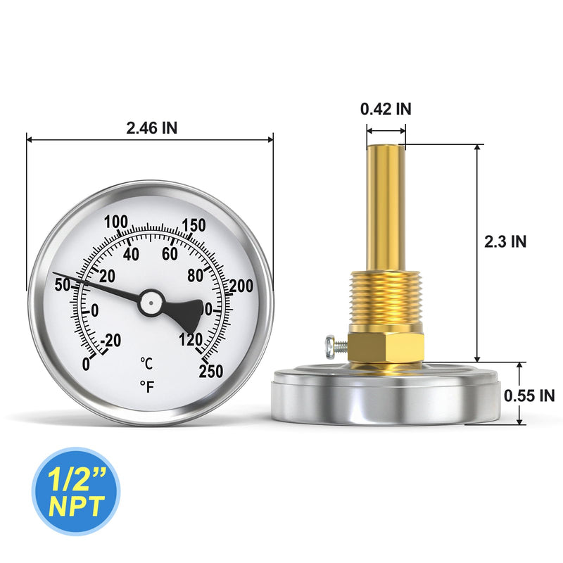 MEANLIN MEASURE 1/2" NPT Bimetal Thermometer for hot Water, boilers, and Pipes，2-1/2" Dial, 2-1/4" Lead-Free Brass Stem，Temperature Range 0-250°F/-20-120°C,Center Back Mount (Pack of 2 2.5Dial/0-250°F(2PCS)