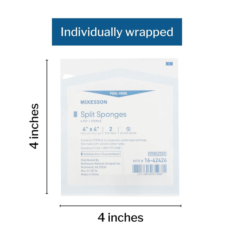 McKesson Split Sponges, 6-Ply Sterile, I.V. and Tracheostomy Dressings, Polyester/Rayon Blend, 4 in x 4 in, 2 Boxes, 25 Packs per Box, 2 per Pack, 100 Total