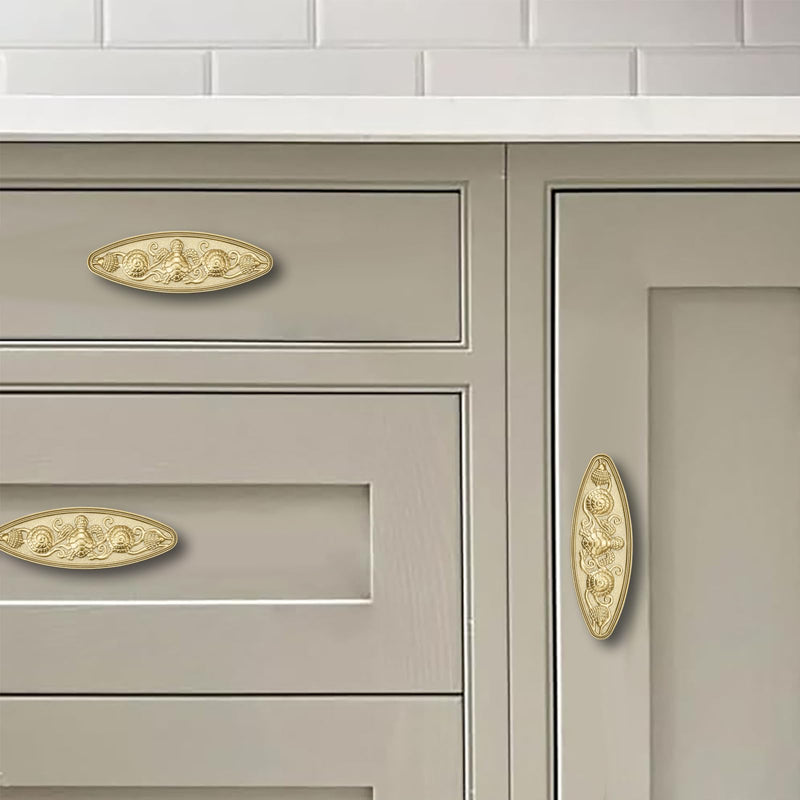 khtumeware 3 inch 5 Pack Brushed Gold zinc Alloy Cabinet pulls Suitable for Kitchen cabinets, Bathroom cabinets, wardrobes, Furniture Drawers Handles. Seaside Cottage Pull