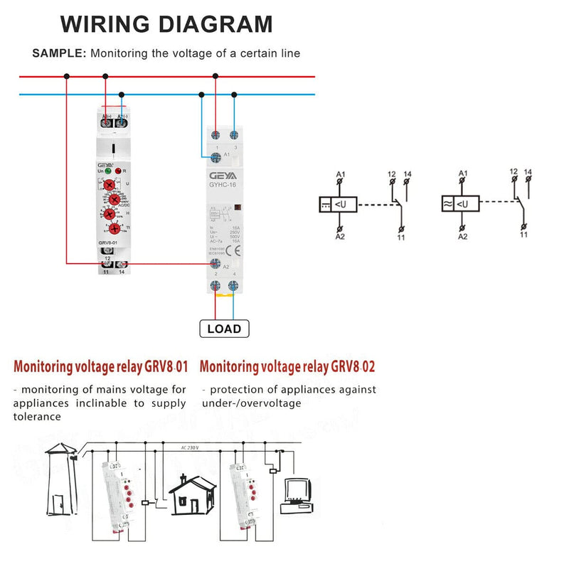 GEYA Single Phase Voltage Relay Adjustable Over or Under Voltage Protection Monitor Relay 1SPDT 10A (GRV8-01,AC/DC110V-240V) AC/DC110V-240V GRV8-01