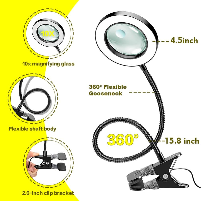 20X/10X Dual-lens Magnifying Glass with Light and Timer, Combination Lens Magnifier with Light, 3 Color Modes, 2 in 1 Magnifying Desk Lamp for Craft Hobby Painting Sewing Close Work(No Adapter) Black 120mm-NoAdapter