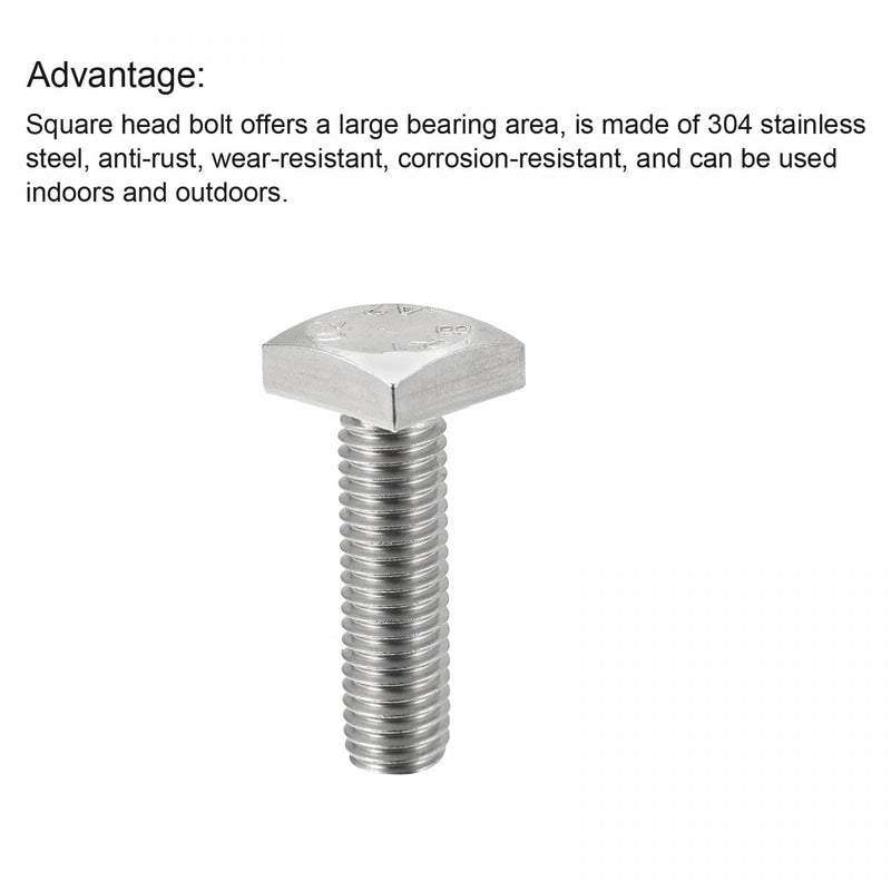 uxcell Square Head Bolt, 2pcs M6x20mm Fully Thread 304 Stainless Steel Grade C Square Machine Screws