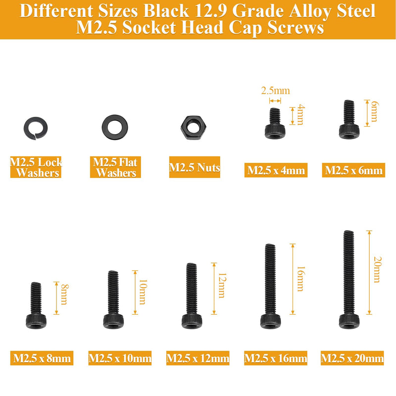 705 Pieces M2.5 Screws Nuts Washers Set Black, Sutemribor M2.5 x 4/6/8/10/12/16/20mm Hex Socket Head Cap Screws Nuts Washers Assortment Kit, 12.9 Grade Alloy Steel, Fully Threaded M2.5 Screws Kit