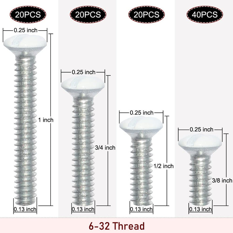 Wall Plate Screws, 100 pcs White Outlet Screws 6-32 Thread Light Electrical Cover Panel Switch Plate Screws 4 Length Assorted Sizes (3/8", 1/2", 3/4", 1 inch) Mixed size