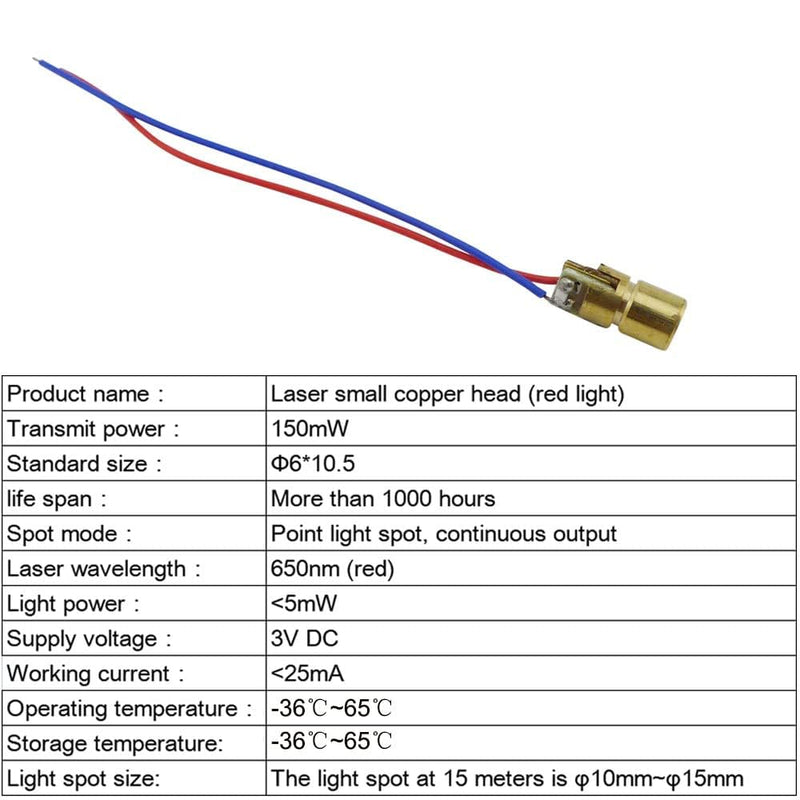 20PCS 3V 650nm 5mW Red Dot Diode Copper semiconductor Laser Tube with Leads Head Point Shape Outer Diameter 6mm
