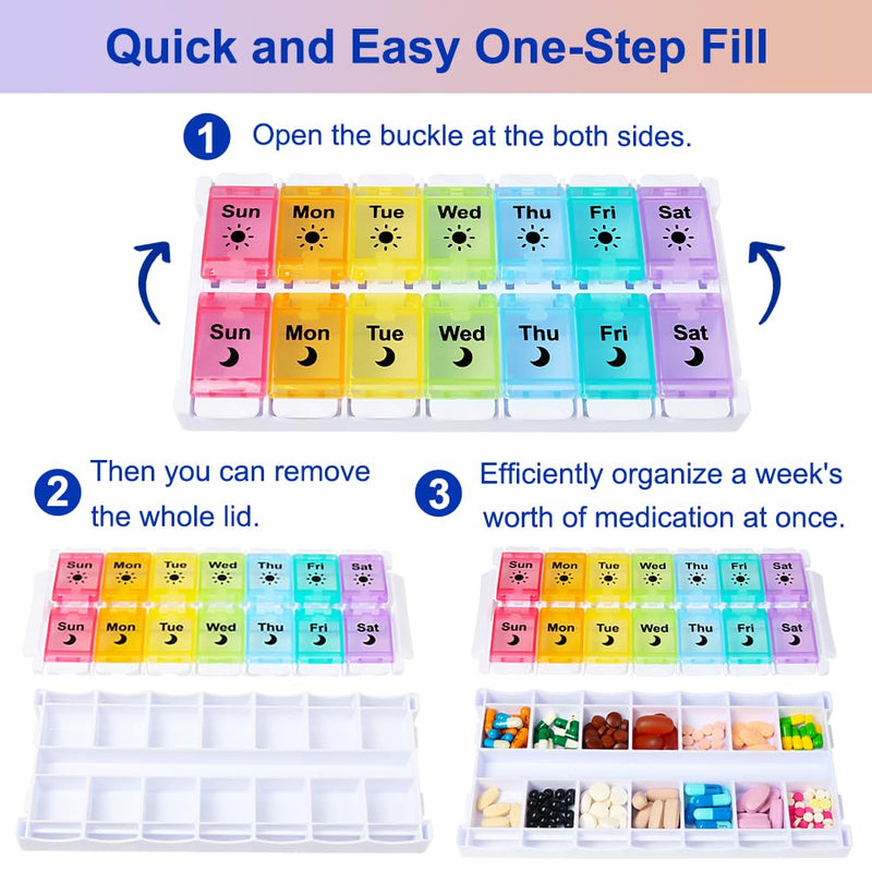 HRX Package Medicine Pill Boxes 7 Day AM/PM, Easy Fill & Open Medication Organizer Vitamin Reminder Holder Day and Night Colorful
