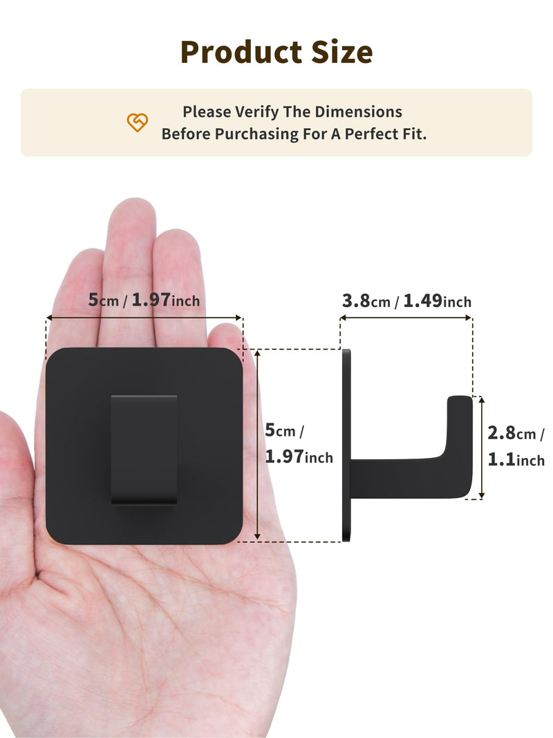 Square Self Adhesive Towel Hooks - Matte Black Bathroom Hooks for Hanging Towel, Coats, Modern and Stylish Hooks for Bathrooms and Kitchen, 2 Pack