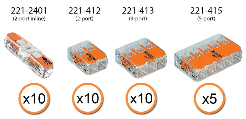 WAGO 221 Lever Nuts 35pc Compact Splicing Wire Connector Assortment with Case. Includes (10x) 221-2401, (10x) 221-412, (10x) 221-413, (5X) 221-415