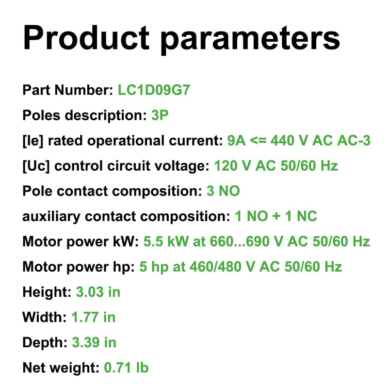 LC1D09G7 Non-Reversing Contactor 9A 3Pole 120VAC Coil 1NO 1NC 50/60Hz