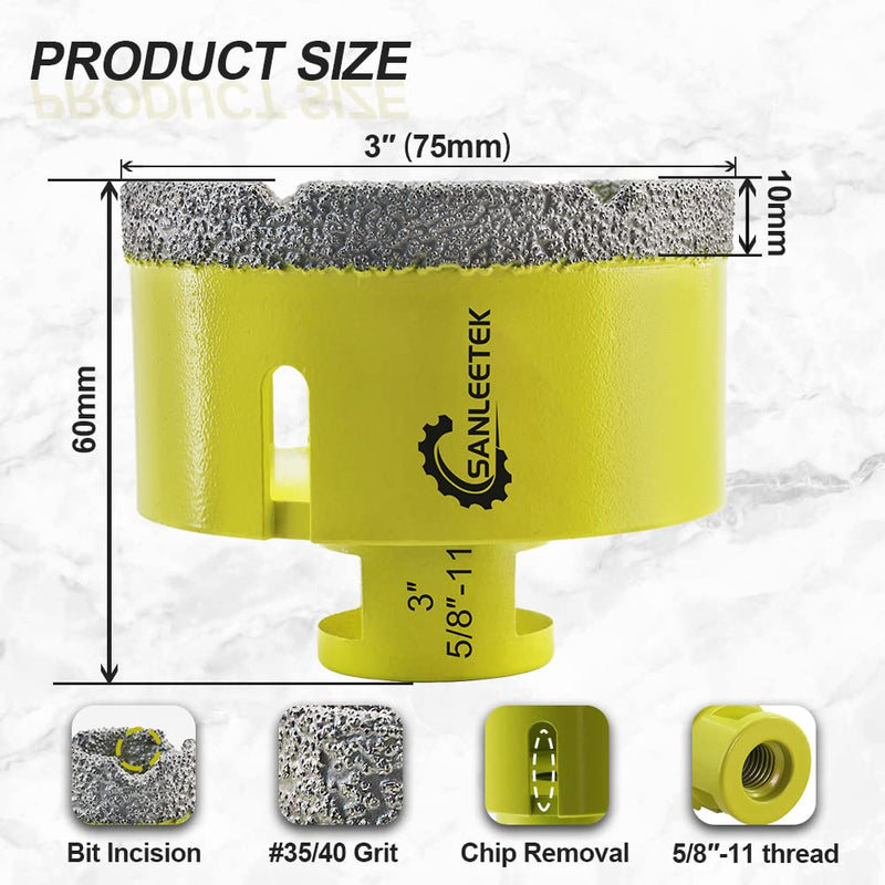Diamond Tile Drill Bits 3"(75mm) SANLEETEK Vacuum Brazed Diamond Hole Saw for Ceramic Porcelain Marble Granite 5/8"-11 Thread 3"(75mm)
