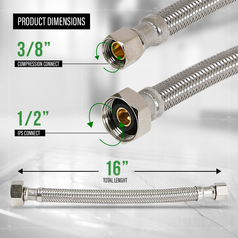 CNCT27116-OM-2 Braided Faucet Connector 16" Long, 1/2" IPS Brass Nut X 3/8 Female Fitting, Stainless Steel Lead-Free, 2 Pack 16 In Pack Of 2