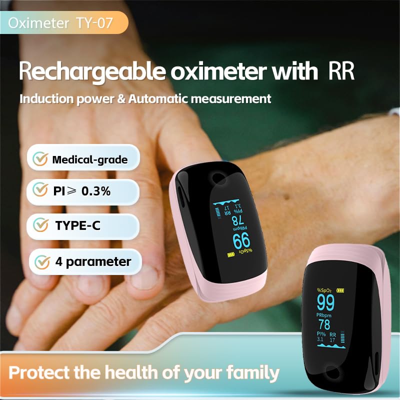 Finger Pulse Oximeter, Fingertip Blood Oxygen Saturation with Rechargeable Pulse Monitor, Accurate Spo2 Reading and Respiration Rate Monitoring for Home, Outdoor Sports