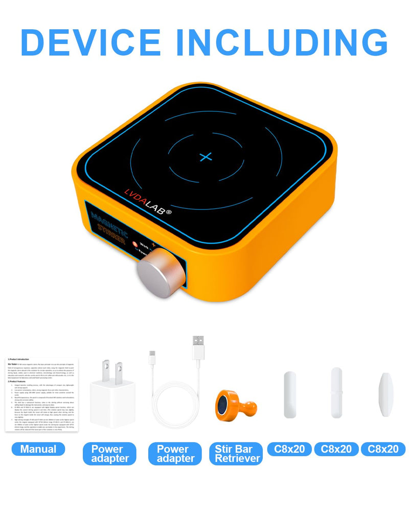 Rechargeable Magnetic Stirrer Cordless Stir Plate, Portable Lab Mixer for Low Viscosity Liquid w/Built-in Battery, 3000ml 3000RPM, No Heating, 3 Stir Bars & 1 Retriever Included - Yellow Portable (Rechargeable)