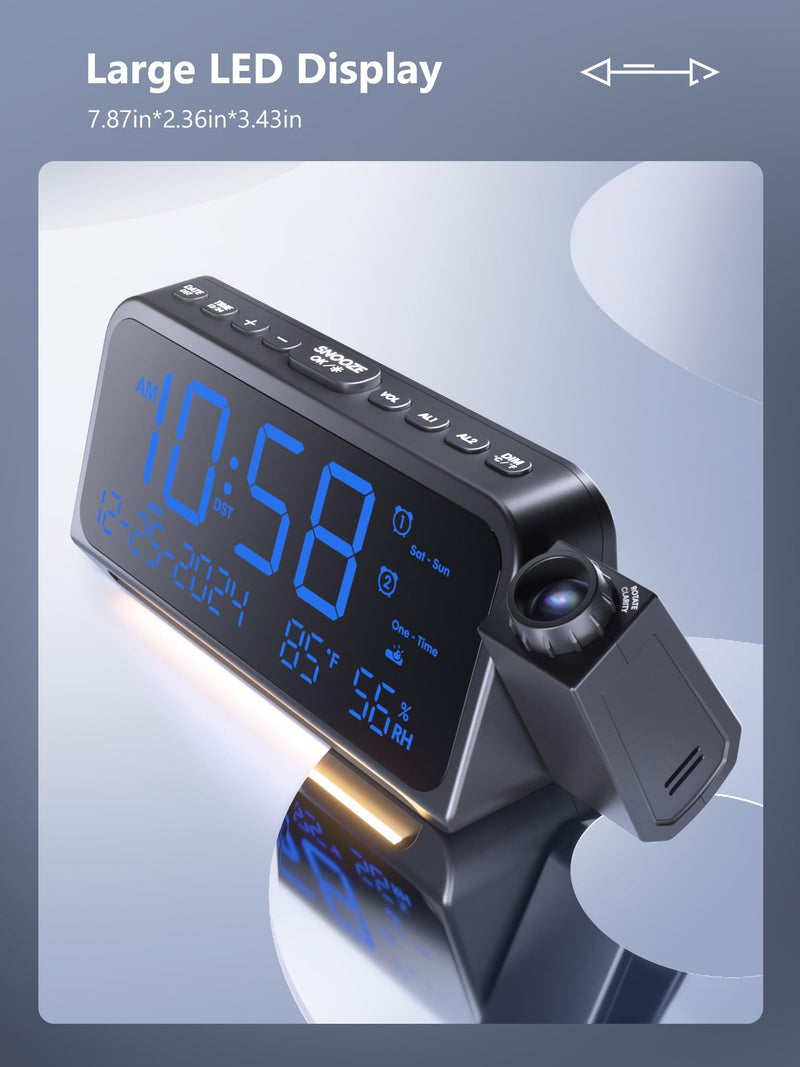 Projection Alarm Clock for Bedroom, Alarm Clock with 350° Rotatable Projector, 5 Brightness, Dual Alarm with Weekday/Weekend Mode, Temp & Humidity, Snooze, Bedside Alarm Clock for Heavy Sleepers(Blue) Blue