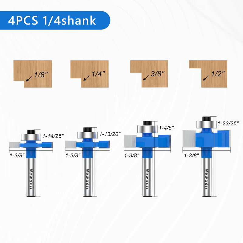 Newdeli Rabbet Router Bit Set 1/4 Inch Shank - 4Pcs Rabbeting Router Bits（1/8",1/4",3/8", 1/2" Height） with 6 Bearings Set (3/8", 1/2", 5/8", 3/4", 7/8", 1-1/8" Bearings) - Wood Biscuit Slot Cutters 4Pcs Rabbet Router Bits-6 Bearings-1/4" Shank