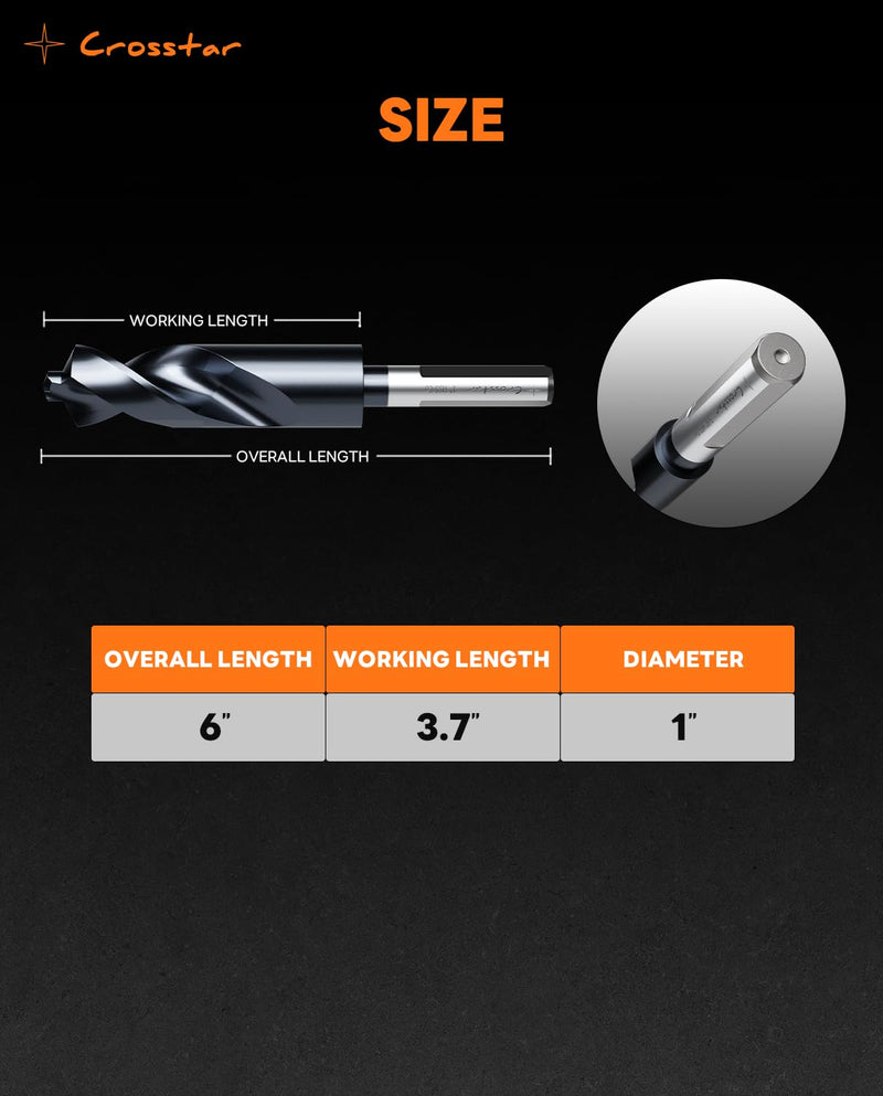 Crosstar 1 Inch Drill Bit for Hardened Metal-Industrial Grade M35 Cobalt HSS & TiAlN Coating, 135°Bullet Point for Stainless Steel Cast Iron Alloy Steel, 1/2" Reduced Shank, 6" Total Length 1Inch
