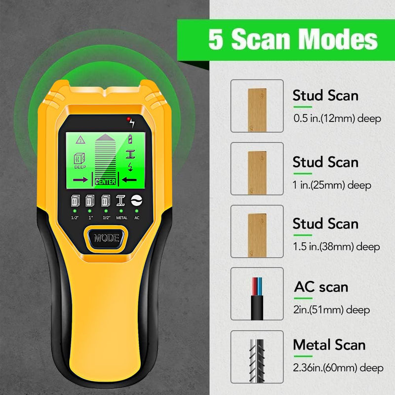 Stud Finder Wall Scanner 5 in 1 Multifunctional Upgraded Smart Wall Scanner, Stud Sensor Beam Detector with Battery for Wood Metal and AC Wire Detection, Comes with HD LCD Display and Audio Alarm Yellow