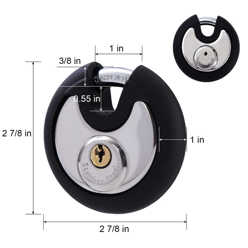 DAYGOS Outdoor Padlock for Storage Unit, Waterproof Stainless Steel Disc Lock with Rubber Bumper for Sheds,Gate and Fence, Heavy Duty Discus Keyed Pad Lock (3/8-Inch Shackle) 1 Pack round disc padlock black and silver