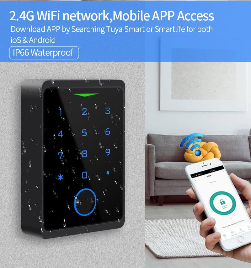 WiFi Access Control Keypad,Fingerprint Controler,125khz Card,Door Lock Opener,Mobile APP Door Keypad,Remote Control Door Lock,Entry Gate Keypad,IP66 Watreproof,1000 User,10pcs Card Free
